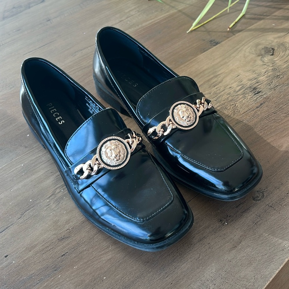 Black Vegan Leather Loafers with Gold Buckle - size 39 / 8.5